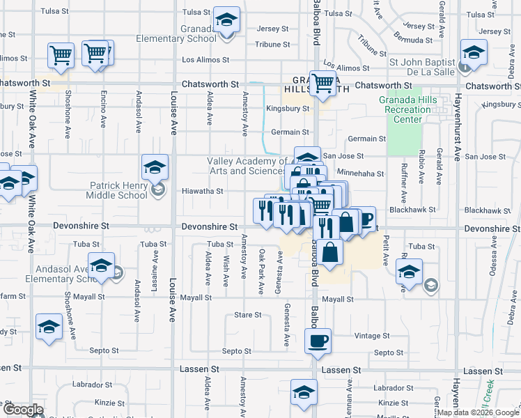 map of restaurants, bars, coffee shops, grocery stores, and more near 17081 Devonshire Street in Los Angeles
