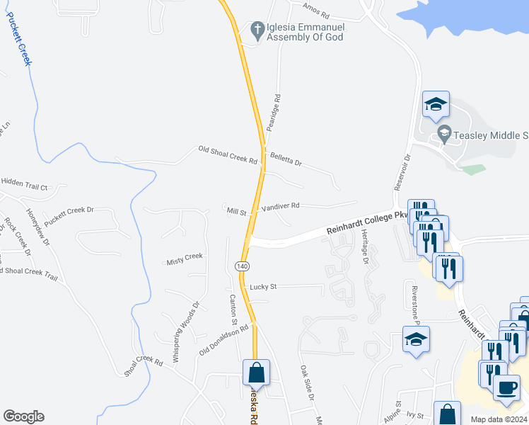 map of restaurants, bars, coffee shops, grocery stores, and more near 122 Vandiver Road in Canton