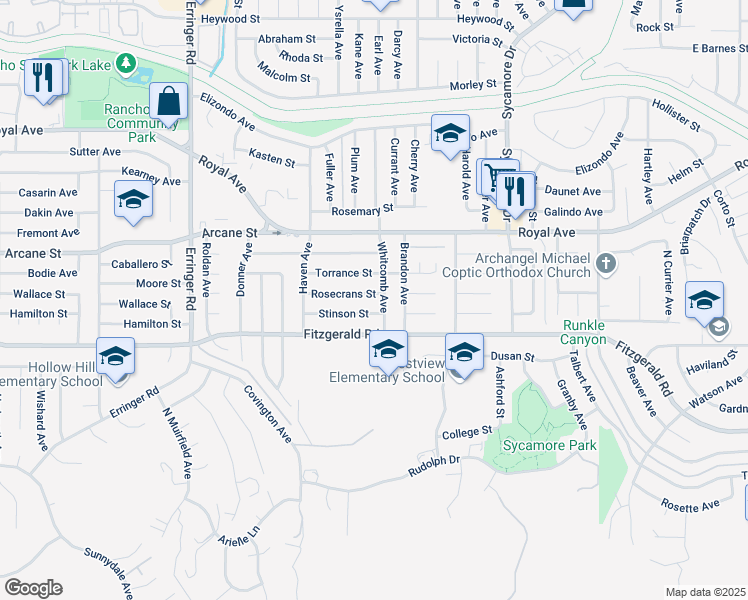 map of restaurants, bars, coffee shops, grocery stores, and more near 2276 Rosecrans Street in Simi Valley
