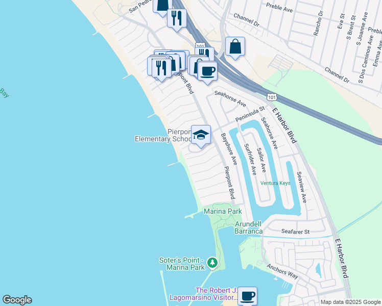 map of restaurants, bars, coffee shops, grocery stores, and more near 1254 Marthas Vineyard Court in Ventura