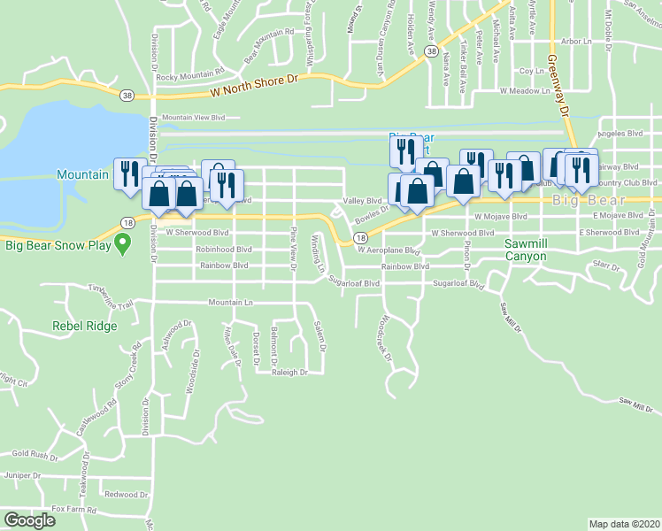 map of restaurants, bars, coffee shops, grocery stores, and more near 140 Winding Lane in Big Bear