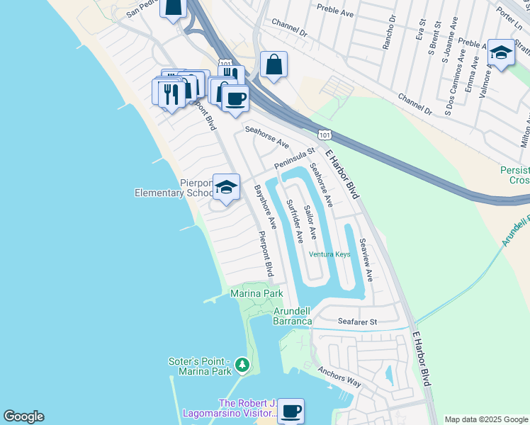 map of restaurants, bars, coffee shops, grocery stores, and more near 2733 Bayshore Avenue in Ventura