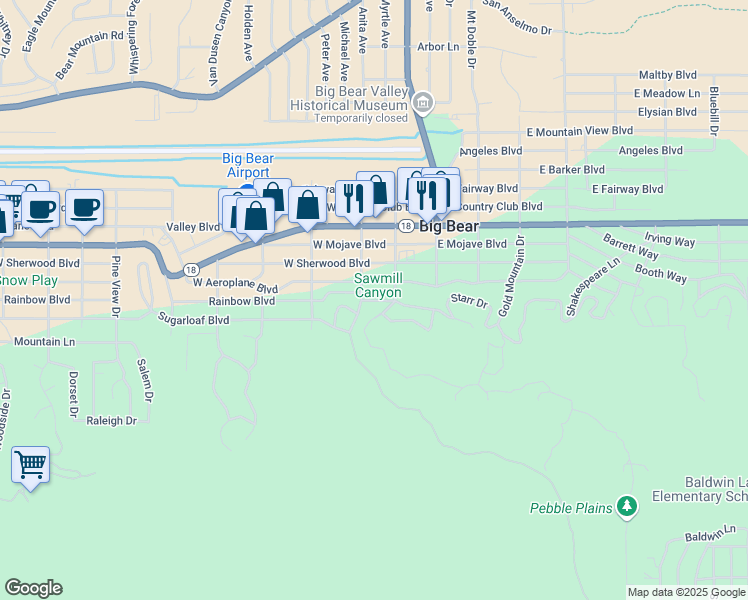 map of restaurants, bars, coffee shops, grocery stores, and more near West Rainbow Boulevard in Big Bear
