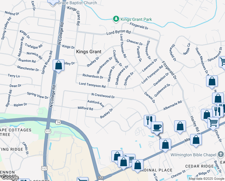 map of restaurants, bars, coffee shops, grocery stores, and more near 5110 Lord Tennyson Drive in Wilmington