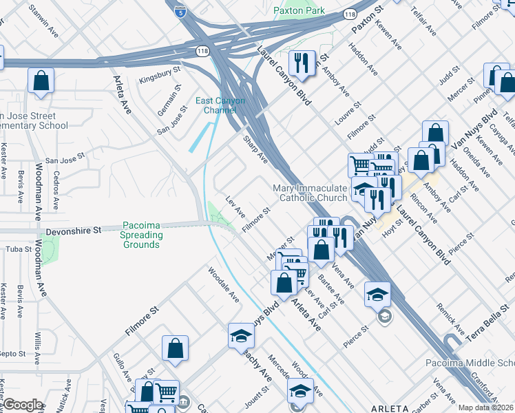 map of restaurants, bars, coffee shops, grocery stores, and more near 10332 Bartee Avenue in Los Angeles