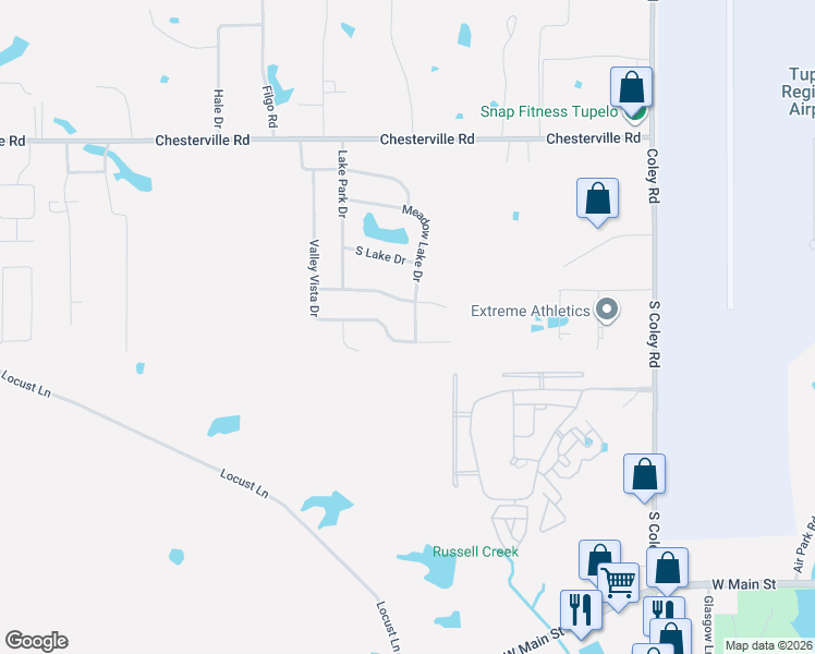 map of restaurants, bars, coffee shops, grocery stores, and more near 4288 Meadow Lake Drive in Tupelo