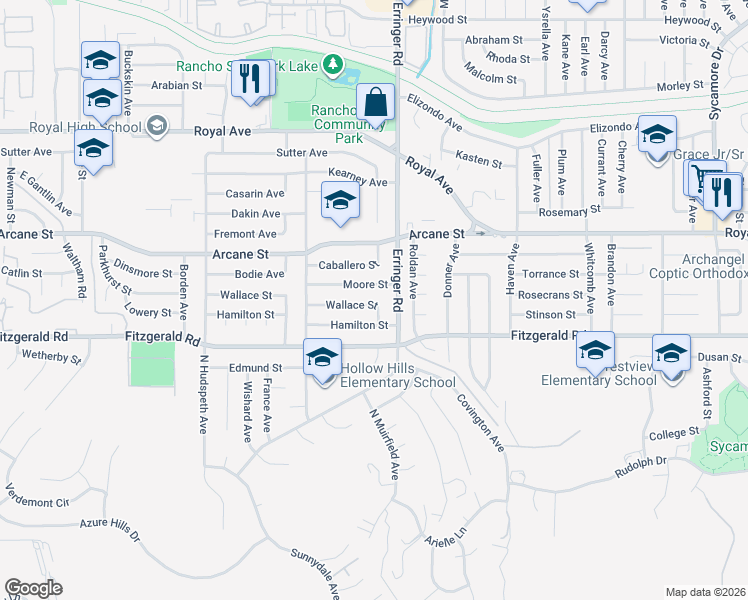 map of restaurants, bars, coffee shops, grocery stores, and more near 1849 Wallace Street in Simi Valley
