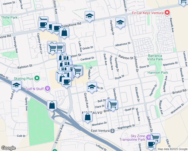map of restaurants, bars, coffee shops, grocery stores, and more near 6276 Turnstone Street in Ventura