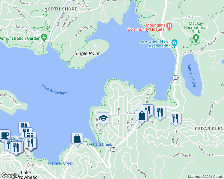 map of restaurants, bars, coffee shops, grocery stores, and more near 28744 Palisades Drive in Lake Arrowhead