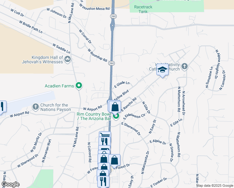 map of restaurants, bars, coffee shops, grocery stores, and more near 200-214 Airline Boulevard in Payson