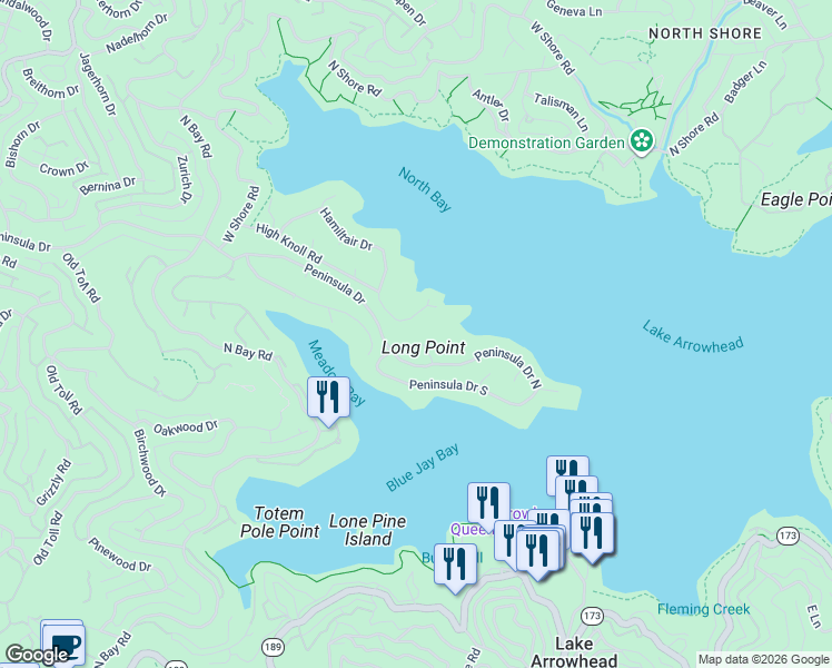 map of restaurants, bars, coffee shops, grocery stores, and more near 468 Skyview Ridge Drive in Lake Arrowhead