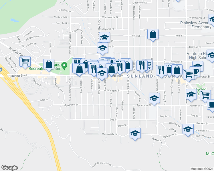 map of restaurants, bars, coffee shops, grocery stores, and more near 10423 Scoville Avenue in Los Angeles