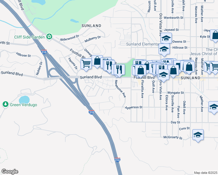 map of restaurants, bars, coffee shops, grocery stores, and more near 10441 Newhome Avenue in Los Angeles