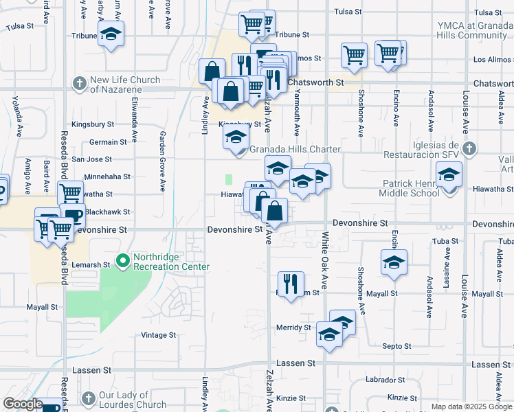 map of restaurants, bars, coffee shops, grocery stores, and more near 10331 Zelzah Avenue in Los Angeles