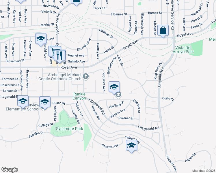 map of restaurants, bars, coffee shops, grocery stores, and more near 2634 Briarpatch Drive in Simi Valley