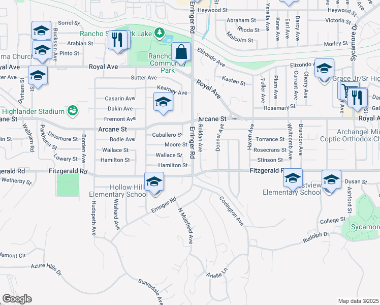 map of restaurants, bars, coffee shops, grocery stores, and more near 1073 Roldan Avenue in Simi Valley