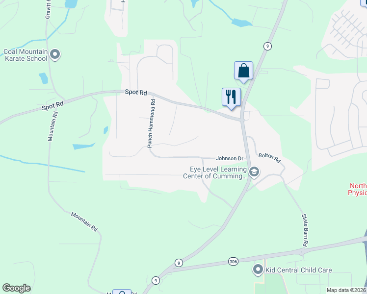 map of restaurants, bars, coffee shops, grocery stores, and more near 2890 Bailey Drive in Cumming