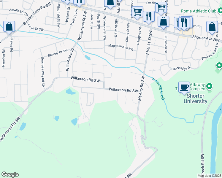 map of restaurants, bars, coffee shops, grocery stores, and more near 104 Wilkerson Road Southwest in Rome