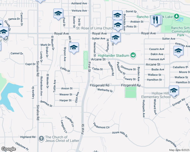 map of restaurants, bars, coffee shops, grocery stores, and more near 1165 Fitzgerald Road in Simi Valley