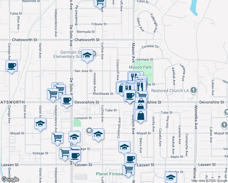 map of restaurants, bars, coffee shops, grocery stores, and more near 20613 Blackhawk Street in Los Angeles