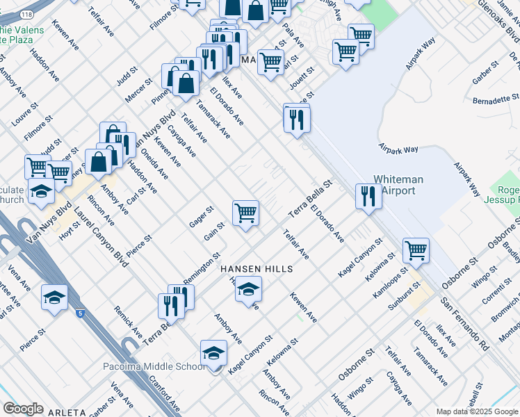 map of restaurants, bars, coffee shops, grocery stores, and more near 10343 Telfair Avenue in Los Angeles
