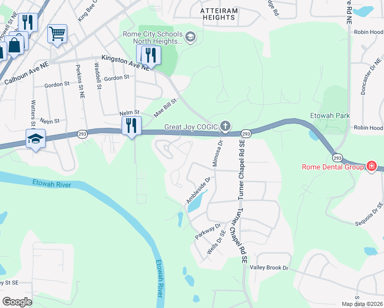 map of restaurants, bars, coffee shops, grocery stores, and more near 131 Maplecrest Lane Southeast in Rome