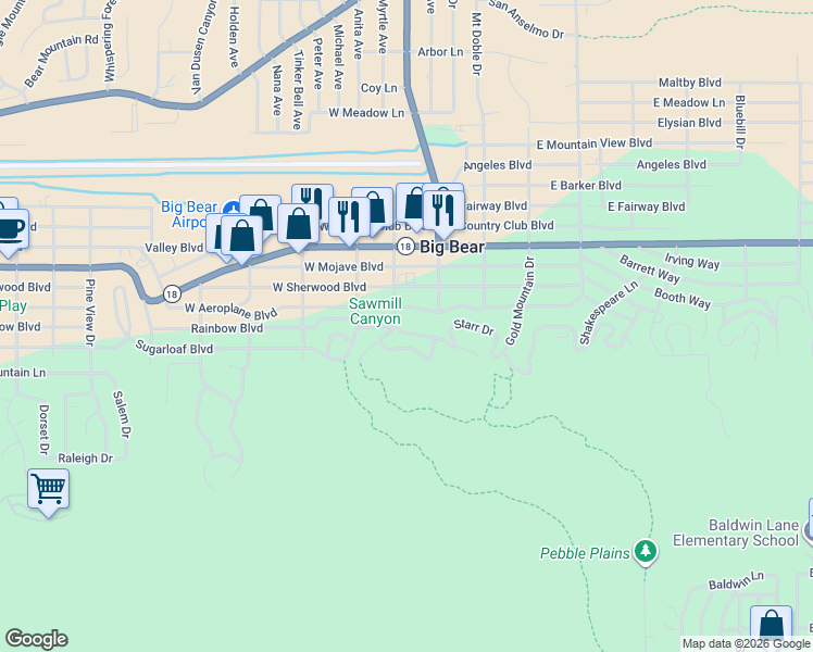 map of restaurants, bars, coffee shops, grocery stores, and more near 129 West Rainbow Boulevard in Big Bear