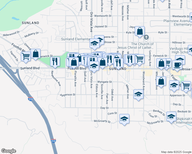 map of restaurants, bars, coffee shops, grocery stores, and more near 10423 Eldora Avenue in Los Angeles
