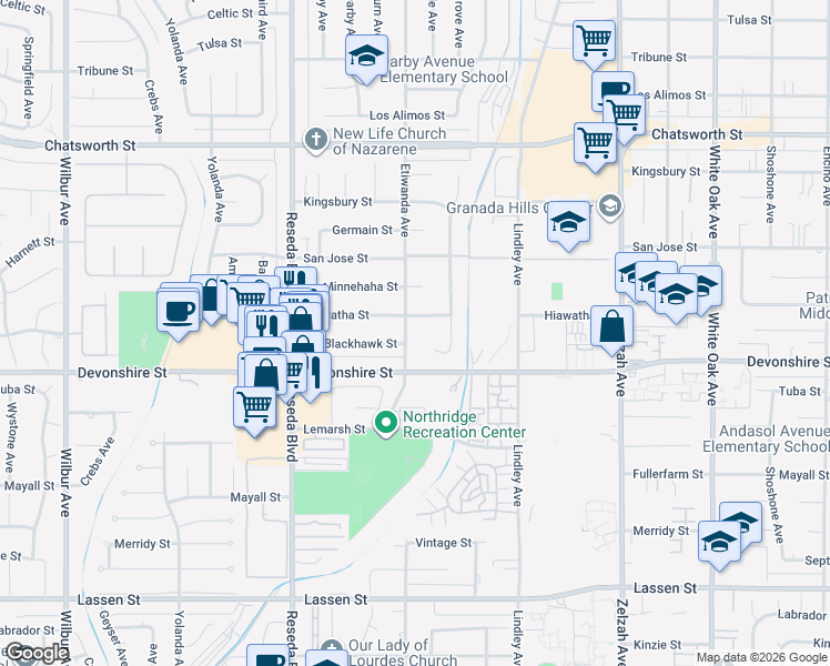 map of restaurants, bars, coffee shops, grocery stores, and more near 10338 Etiwanda Avenue in Los Angeles