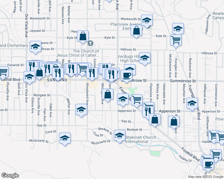map of restaurants, bars, coffee shops, grocery stores, and more near 10426 Jardine Avenue in Los Angeles