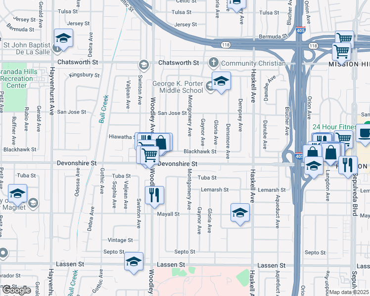 map of restaurants, bars, coffee shops, grocery stores, and more near 16043 Blackhawk Street in Los Angeles