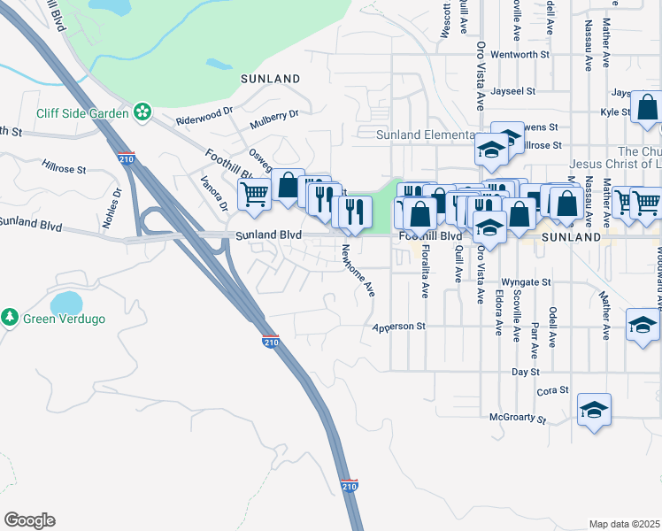 map of restaurants, bars, coffee shops, grocery stores, and more near 10441 Newhome Avenue in Los Angeles