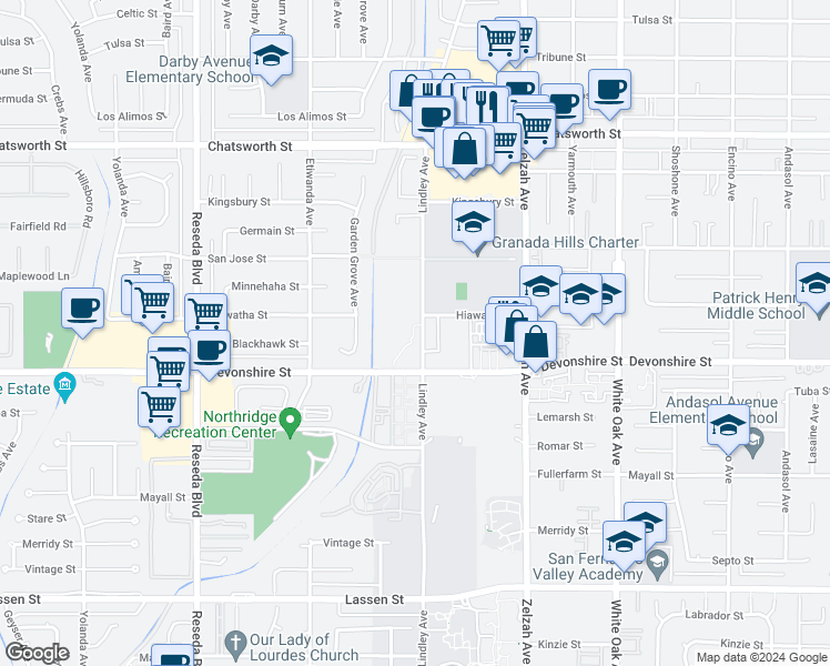 map of restaurants, bars, coffee shops, grocery stores, and more near 10331 Lindley Avenue in Los Angeles