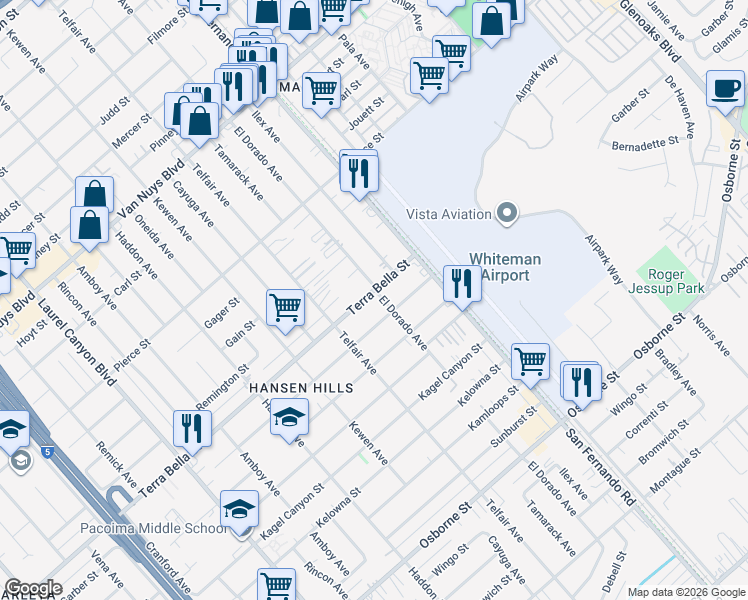 map of restaurants, bars, coffee shops, grocery stores, and more near 13066 Terra Bella Street in Los Angeles