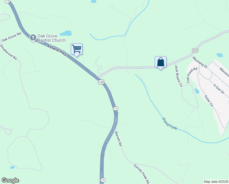 map of restaurants, bars, coffee shops, grocery stores, and more near 2511 Athens Highway in Gainesville