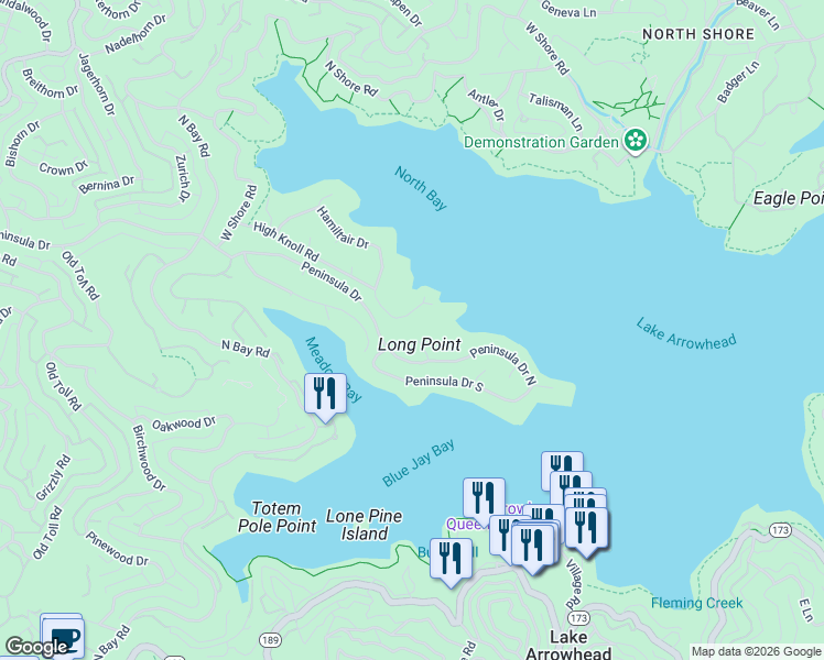map of restaurants, bars, coffee shops, grocery stores, and more near 468 Skyview Ridge Drive in Lake Arrowhead