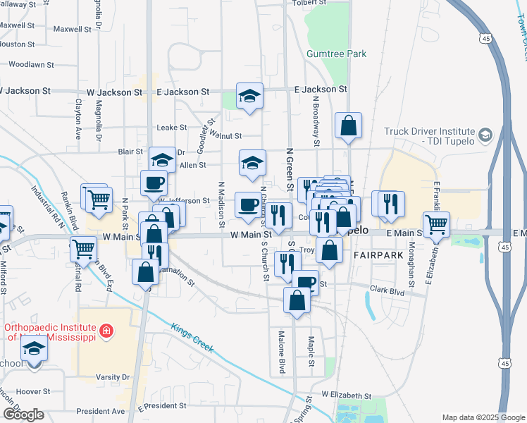 map of restaurants, bars, coffee shops, grocery stores, and more near 215 North Church Street in Tupelo