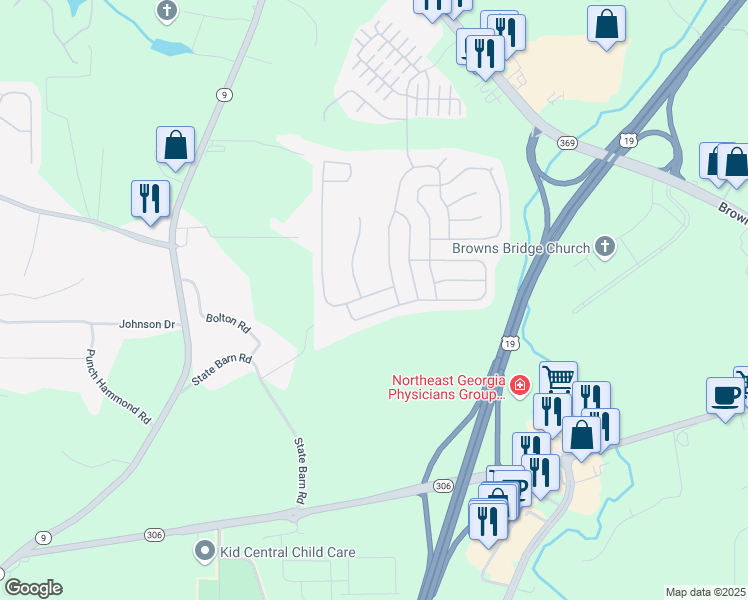 map of restaurants, bars, coffee shops, grocery stores, and more near 4255 Fourth Rail Lane in Cumming