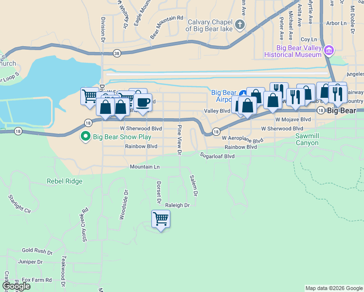 map of restaurants, bars, coffee shops, grocery stores, and more near 314 Pine View Drive in Big Bear