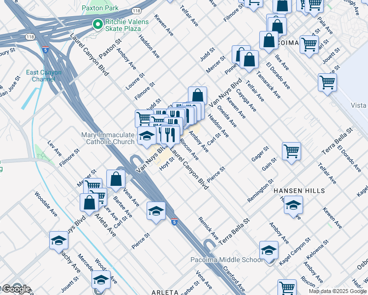 map of restaurants, bars, coffee shops, grocery stores, and more near 10365 Rincon Avenue in Los Angeles