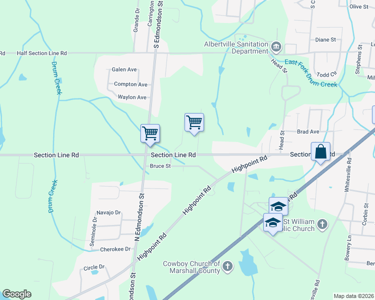 map of restaurants, bars, coffee shops, grocery stores, and more near 903 Section Line Road in Albertville
