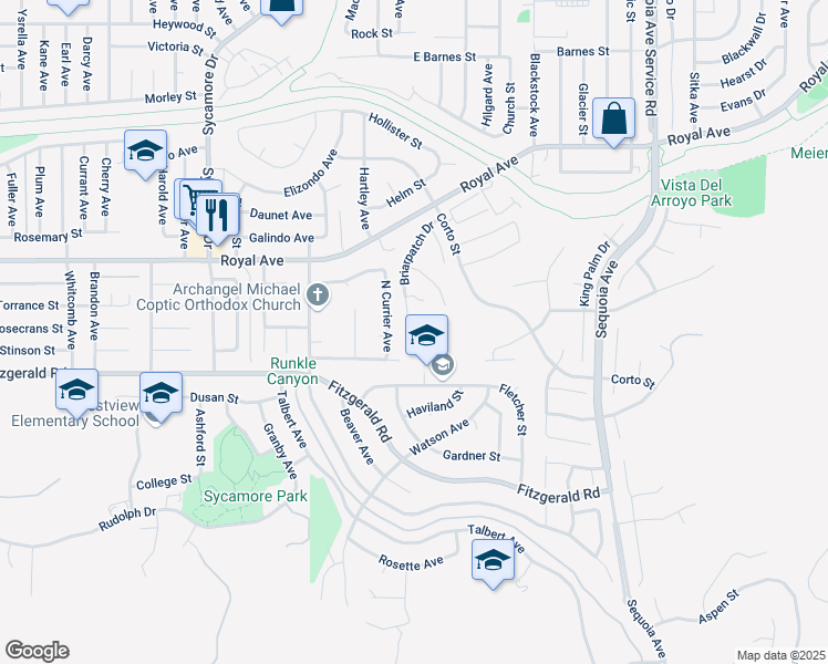 map of restaurants, bars, coffee shops, grocery stores, and more near 2634 Briarpatch Drive in Simi Valley