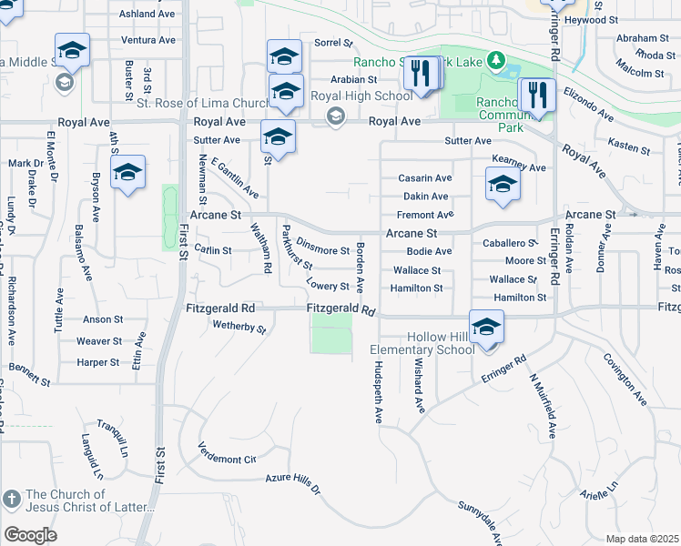 map of restaurants, bars, coffee shops, grocery stores, and more near 1448 Parkhurst Street in Simi Valley