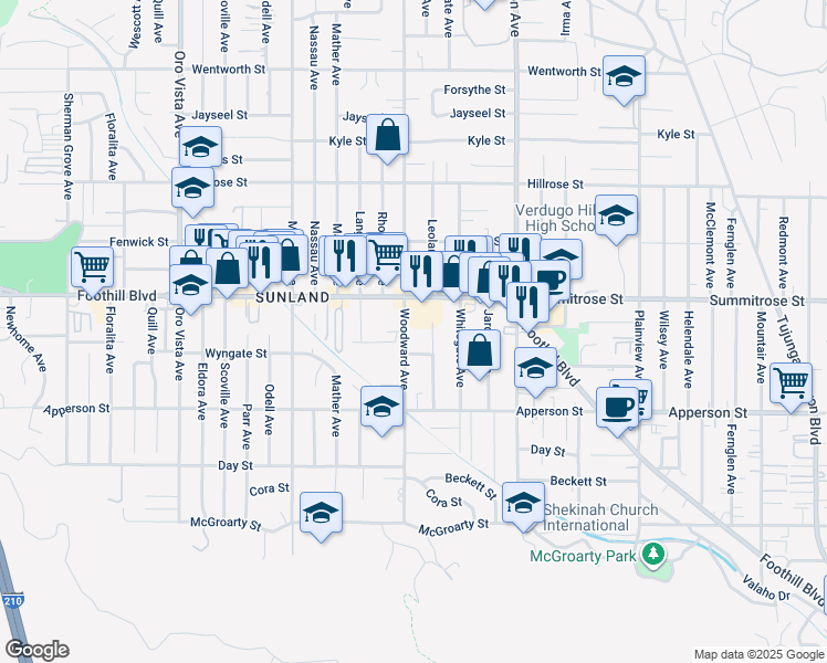 map of restaurants, bars, coffee shops, grocery stores, and more near 10424 Woodward Avenue in Los Angeles