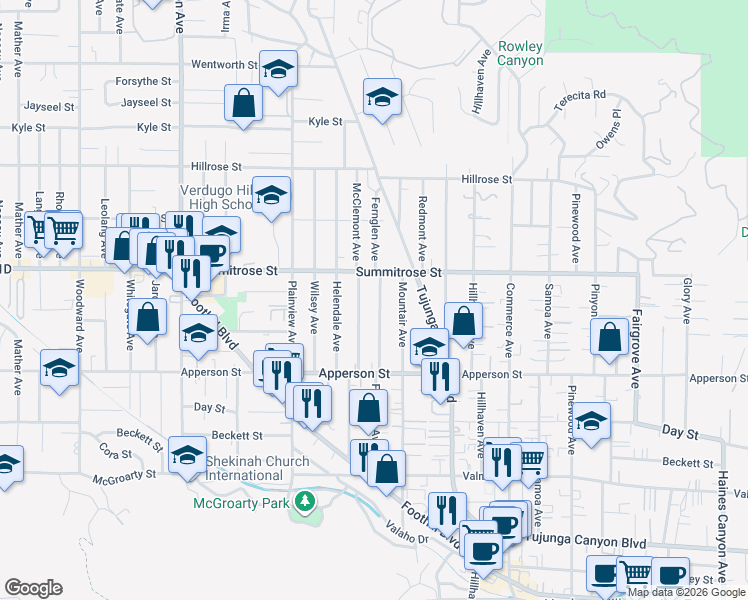 map of restaurants, bars, coffee shops, grocery stores, and more near 10429 Fernglen Avenue in Los Angeles