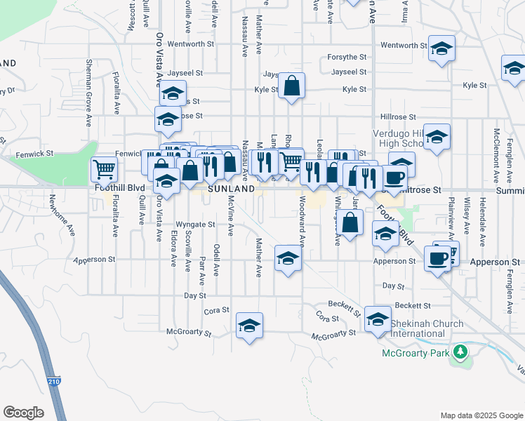 map of restaurants, bars, coffee shops, grocery stores, and more near 8100 Foothill Boulevard in Los Angeles