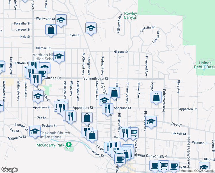 map of restaurants, bars, coffee shops, grocery stores, and more near 10431 Las Lunitas Avenue in Los Angeles