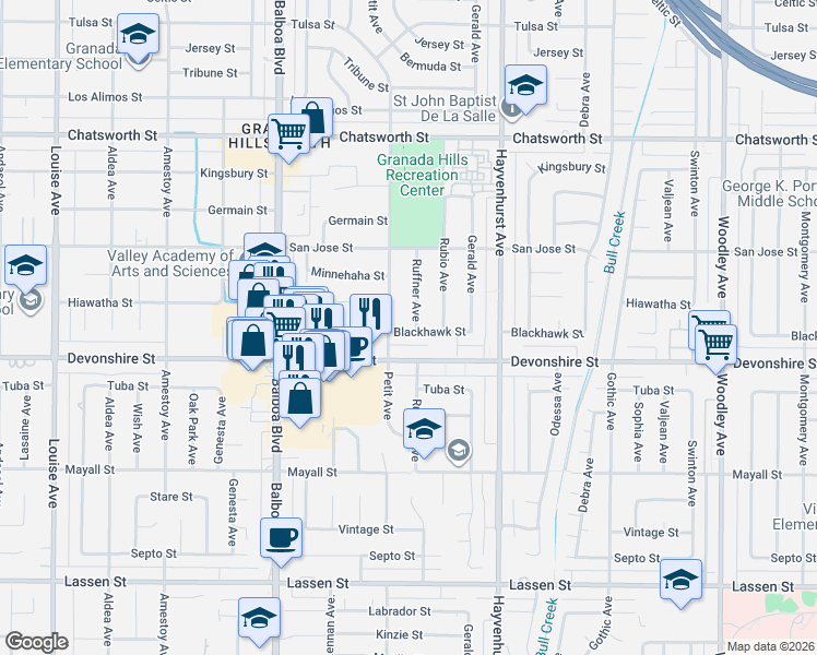 map of restaurants, bars, coffee shops, grocery stores, and more near 10335 Ruffner Avenue in Los Angeles
