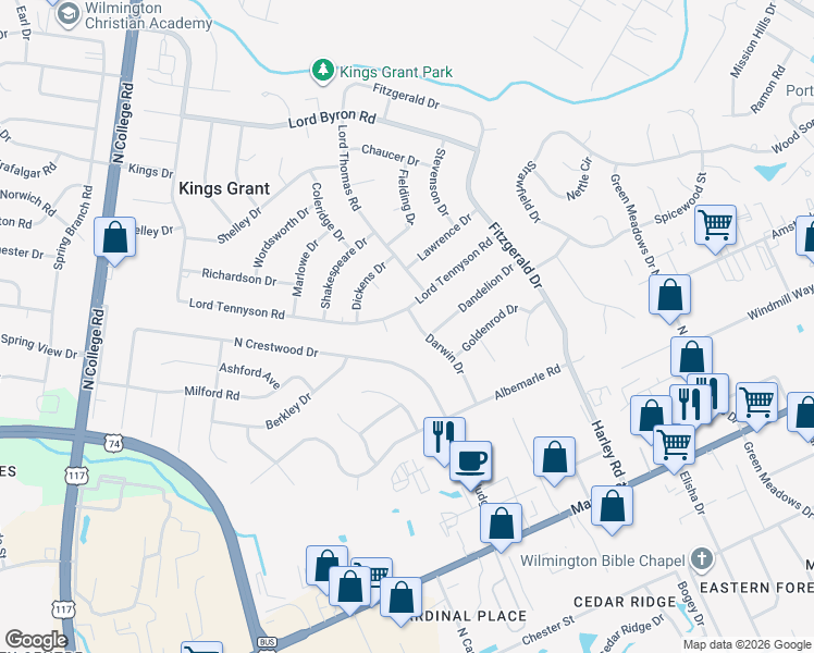 map of restaurants, bars, coffee shops, grocery stores, and more near 701-705 Darwin Drive in Wilmington
