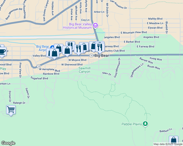 map of restaurants, bars, coffee shops, grocery stores, and more near 129 West Rainbow Boulevard in Big Bear